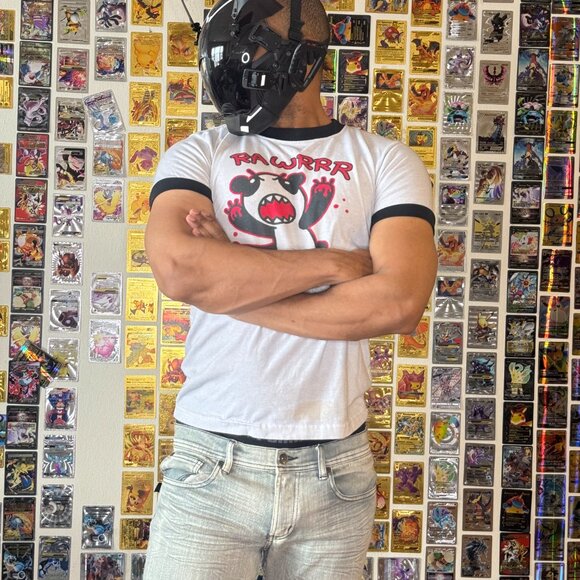 RAWRRR Creepy Cute Bloody Panda Ringer Tee. 15 year old lucky shirt! Black Rings - Picture 1 of 10
